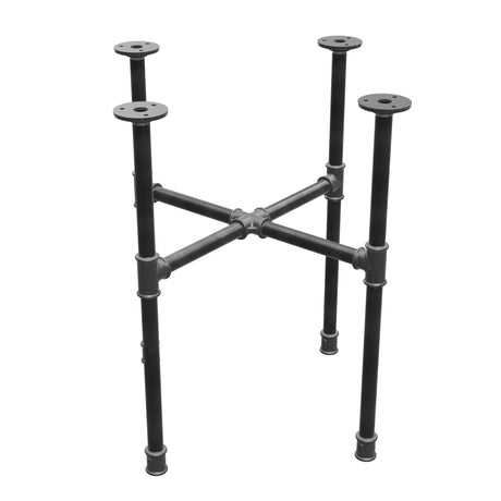 Basamento per tavolino industriale in ghisa, gambe a croce, 48 × 48 cm, altezza 52 cm, vista di tre quarti
