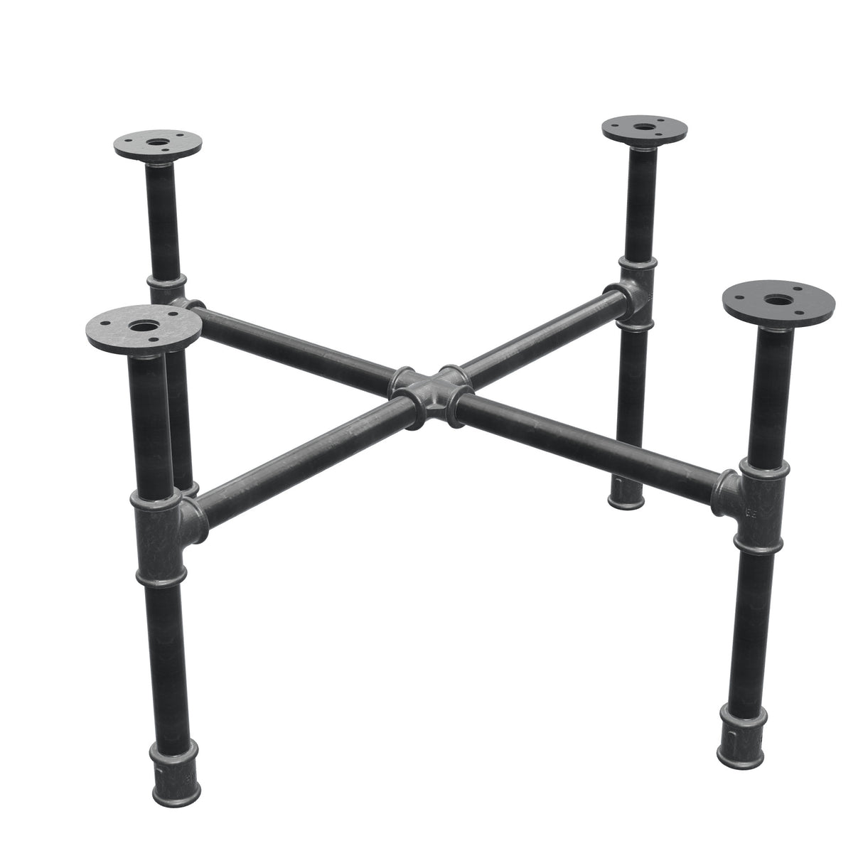 Basamento per tavolino industriale in ghisa, gambe a croce, 58 × 58 cm, altezza 32 cm, vista di tre quarti