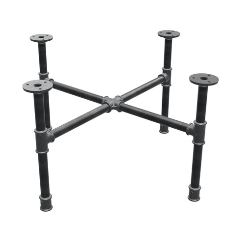 Basamento per tavolino industriale in ghisa, gambe a croce, 58 × 58 cm, altezza 32 cm, vista di tre quarti