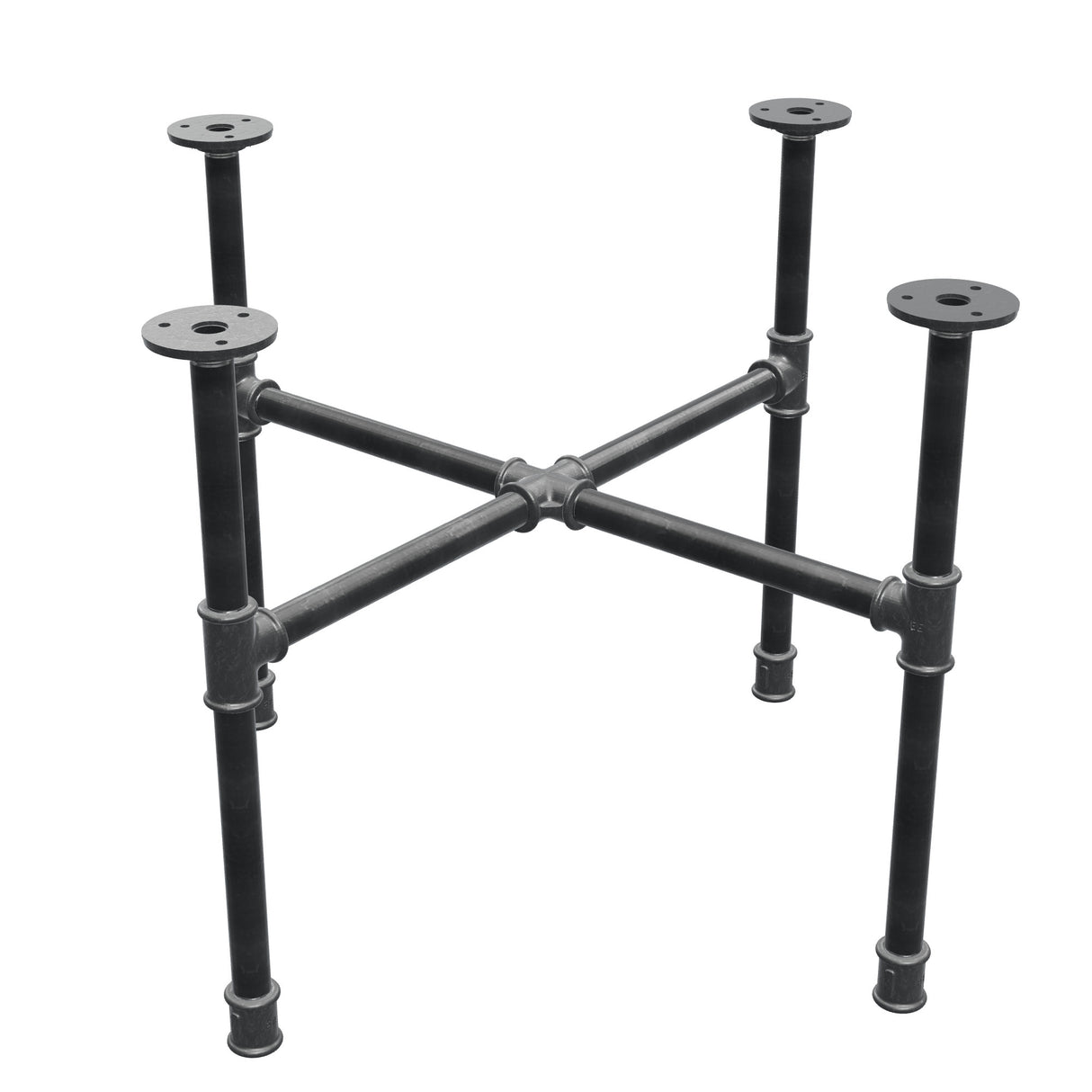 Basamento per tavolino industriale in ghisa, gambe a croce, 58 × 58 cm, altezza 42 cm, vista di tre quarti