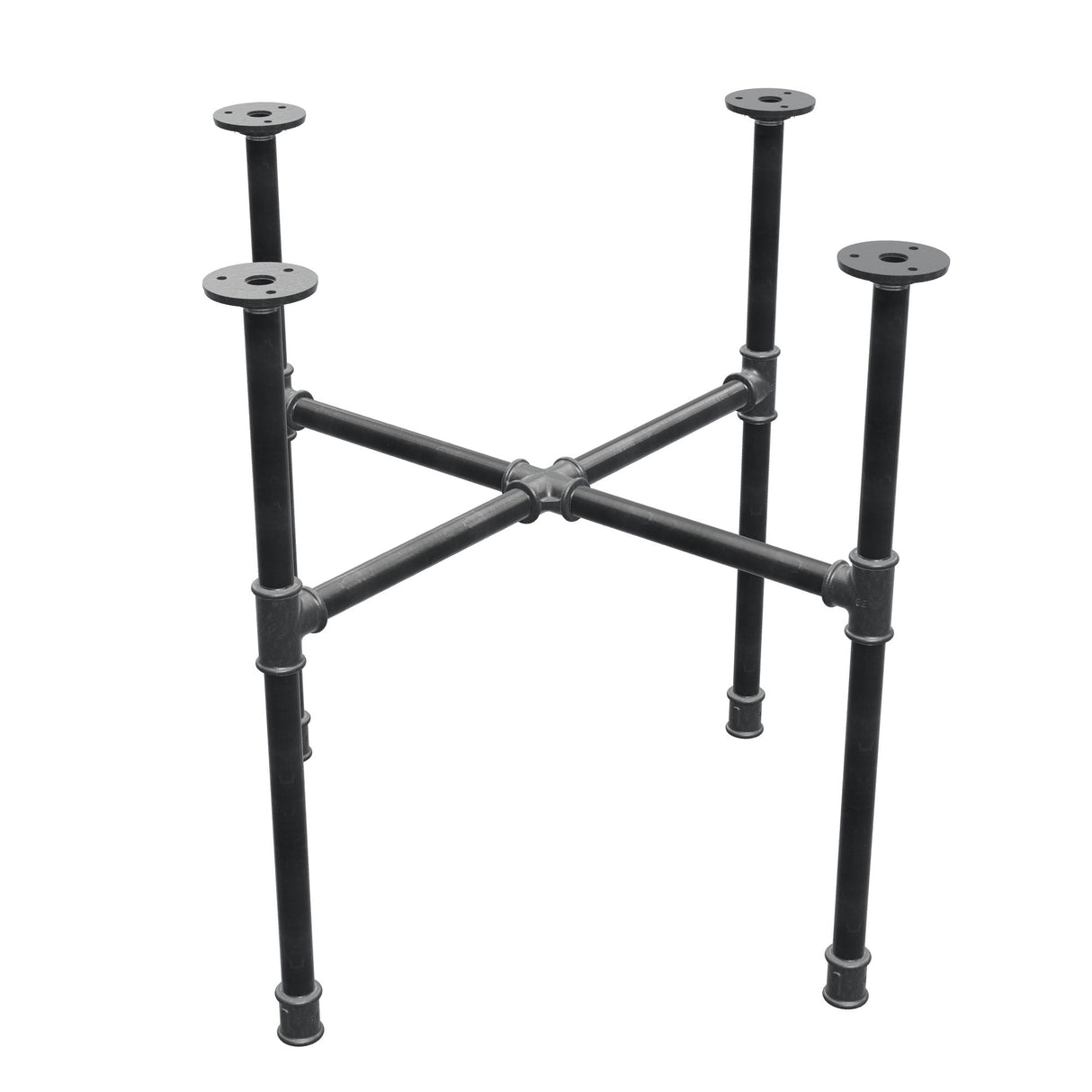 Basamento per tavolino industriale in ghisa, gambe a croce, 58 × 58 cm, altezza 52 cm, vista di tre quarti