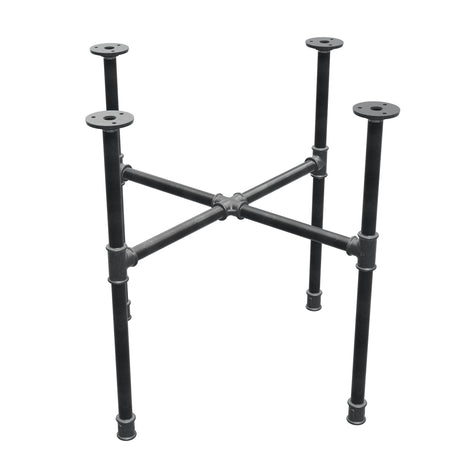 Basamento per tavolino industriale in ghisa, gambe a croce, 58 × 58 cm, altezza 52 cm, vista di tre quarti