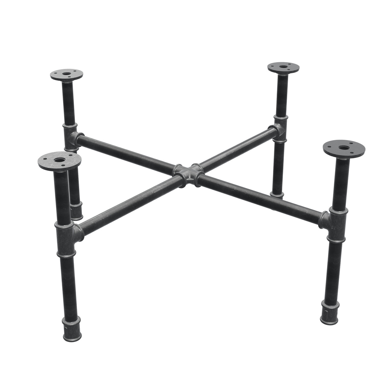 Basamento per tavolino industriale in ghisa, gambe a croce, 68 × 68 cm, altezza 32 cm, vista di tre quarti