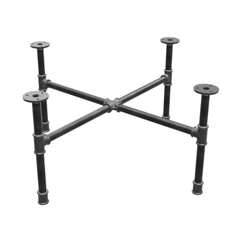 Basamento per tavolino industriale in ghisa, gambe a croce, 68 × 68 cm, altezza 32 cm, vista di tre quarti