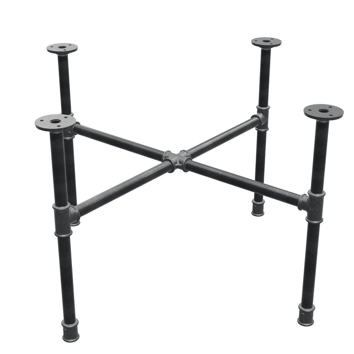 Basamento per tavolino industriale in ghisa, gambe a croce, 68 × 68 cm, altezza 42 cm, vista di tre quarti