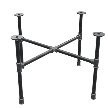 Basamento per tavolino industriale in ghisa, gambe a croce, 68 × 68 cm, altezza 42 cm, vista di tre quarti