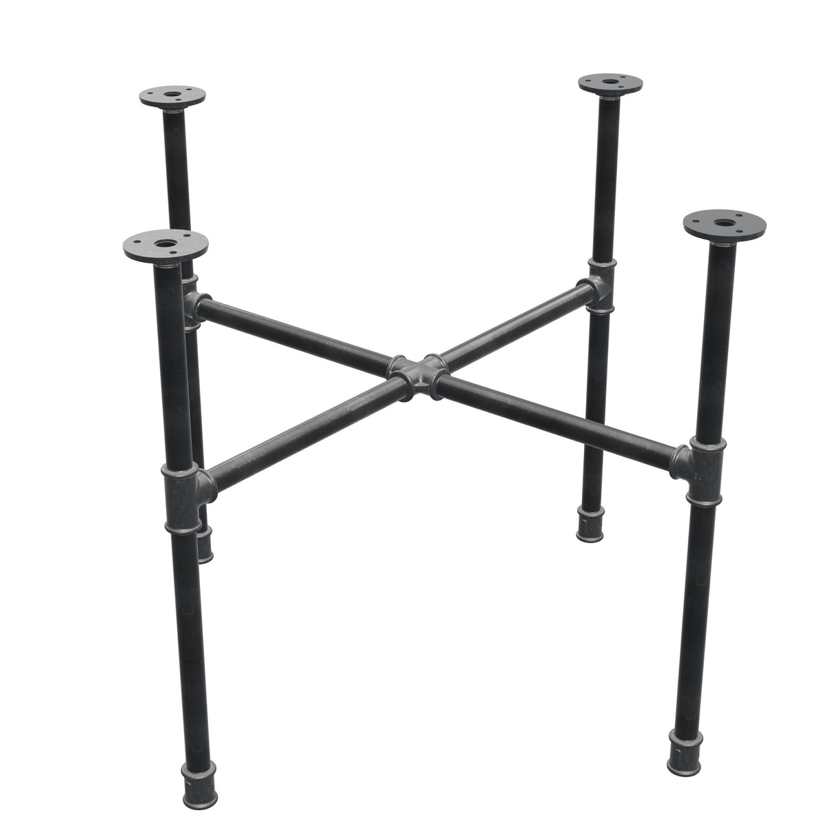 Basamento per tavolino industriale in ghisa, gambe a croce, 68 × 68 cm, altezza 52 cm, vista di tre quarti