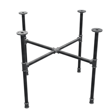 Basamento per tavolino industriale in ghisa, gambe a croce, 68 × 68 cm, altezza 52 cm, vista di tre quarti