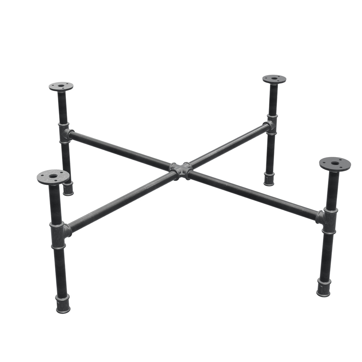 Basamento per tavolino industriale in ghisa, gambe a croce, 88 × 88 cm, altezza 32 cm, vista di tre quarti