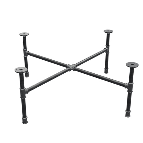 Basamento per tavolino industriale in ghisa, gambe a croce, 88 × 88 cm, altezza 32 cm, vista di tre quarti