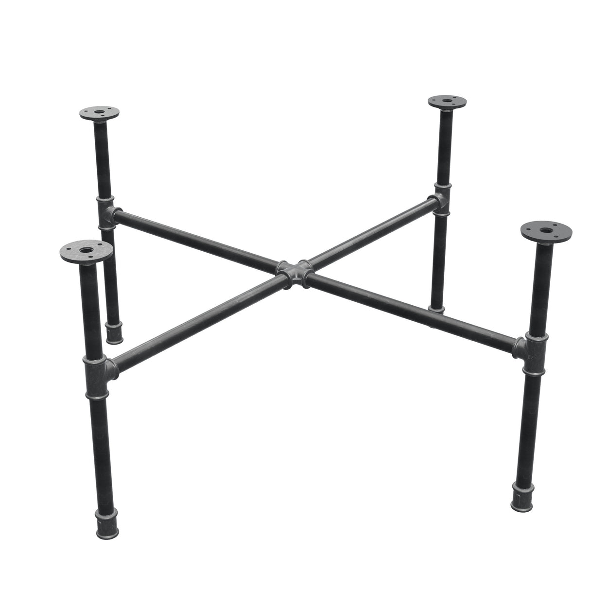 Basamento per tavolino industriale in ghisa, gambe a croce, 88 × 88 cm, altezza 42 cm, vista di tre quarti