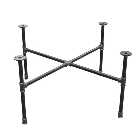 Basamento per tavolino industriale in ghisa, gambe a croce, 88 × 88 cm, altezza 42 cm, vista di tre quarti