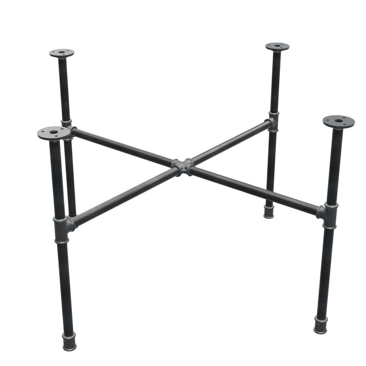 Basamento per tavolino industriale in ghisa, gambe a croce, 88 × 88 cm, altezza 52 cm, vista di tre quarti