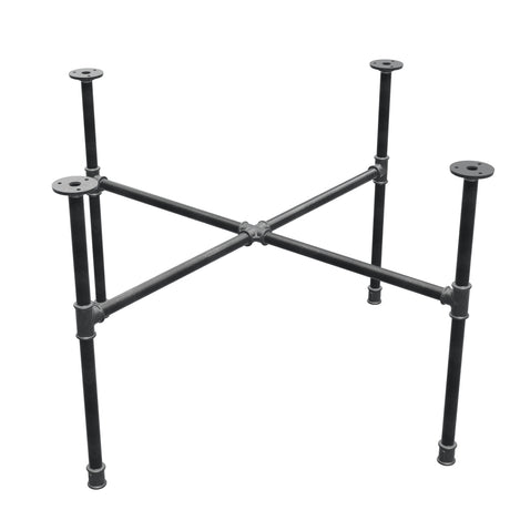 Basamento per tavolino industriale in ghisa, gambe a croce, 88 × 88 cm, altezza 52 cm, vista di tre quarti