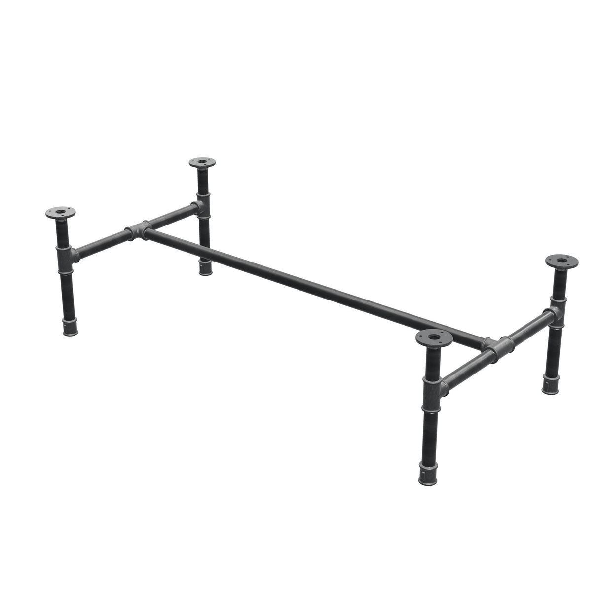 Base per tavolino industriale in ghisa, struttura a H, 111 × 55 cm, altezza 32 cm, vista di tre quarti