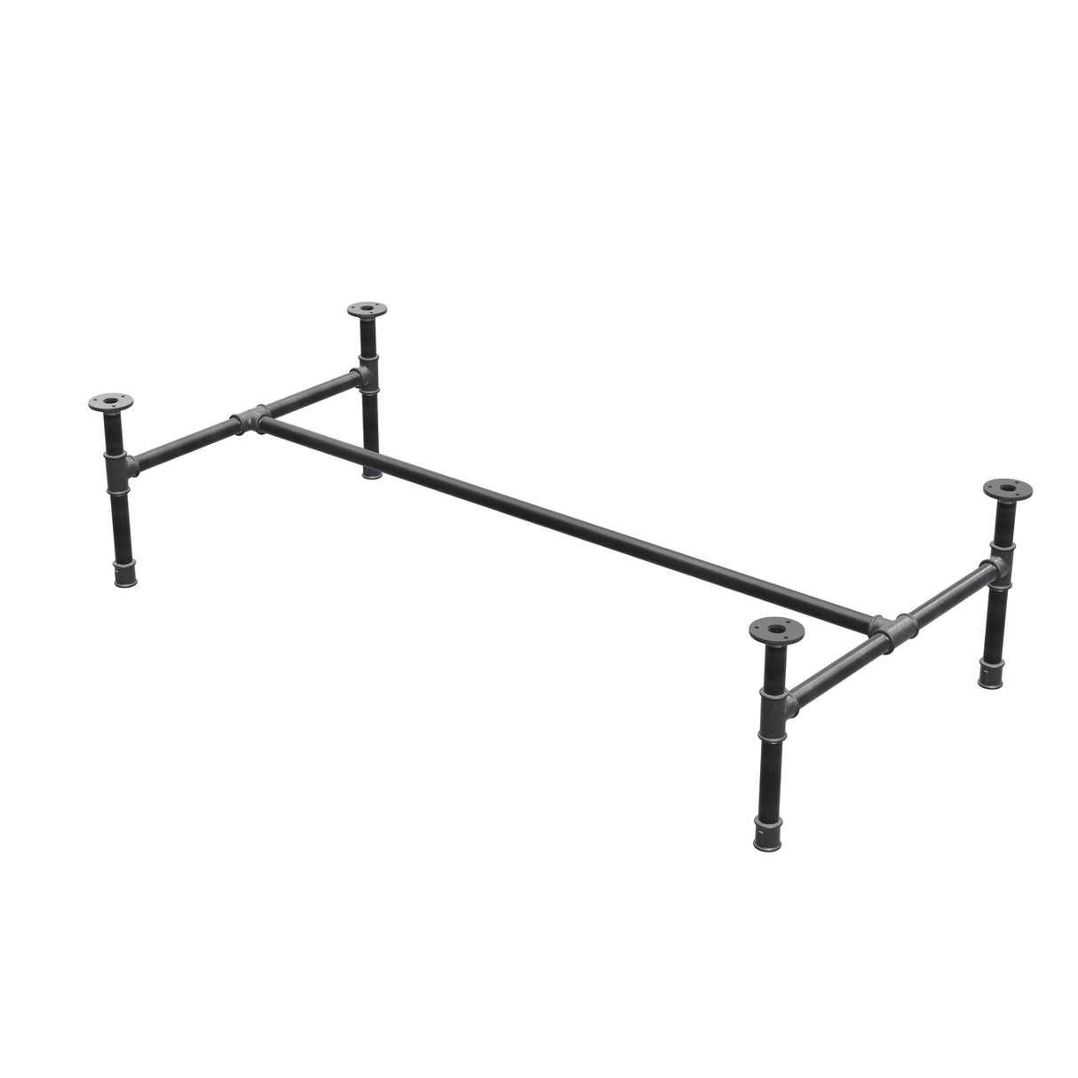 Base per tavolino industriale in ghisa, struttura a H, 131 × 65 cm, altezza 32 cm, vista di tre quarti