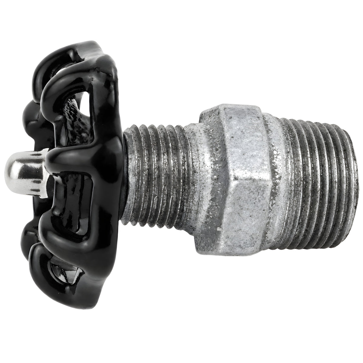 Volantino nero da 52 mm su nipplo, dado in acciaio inox, raccordo in ghisa zincata