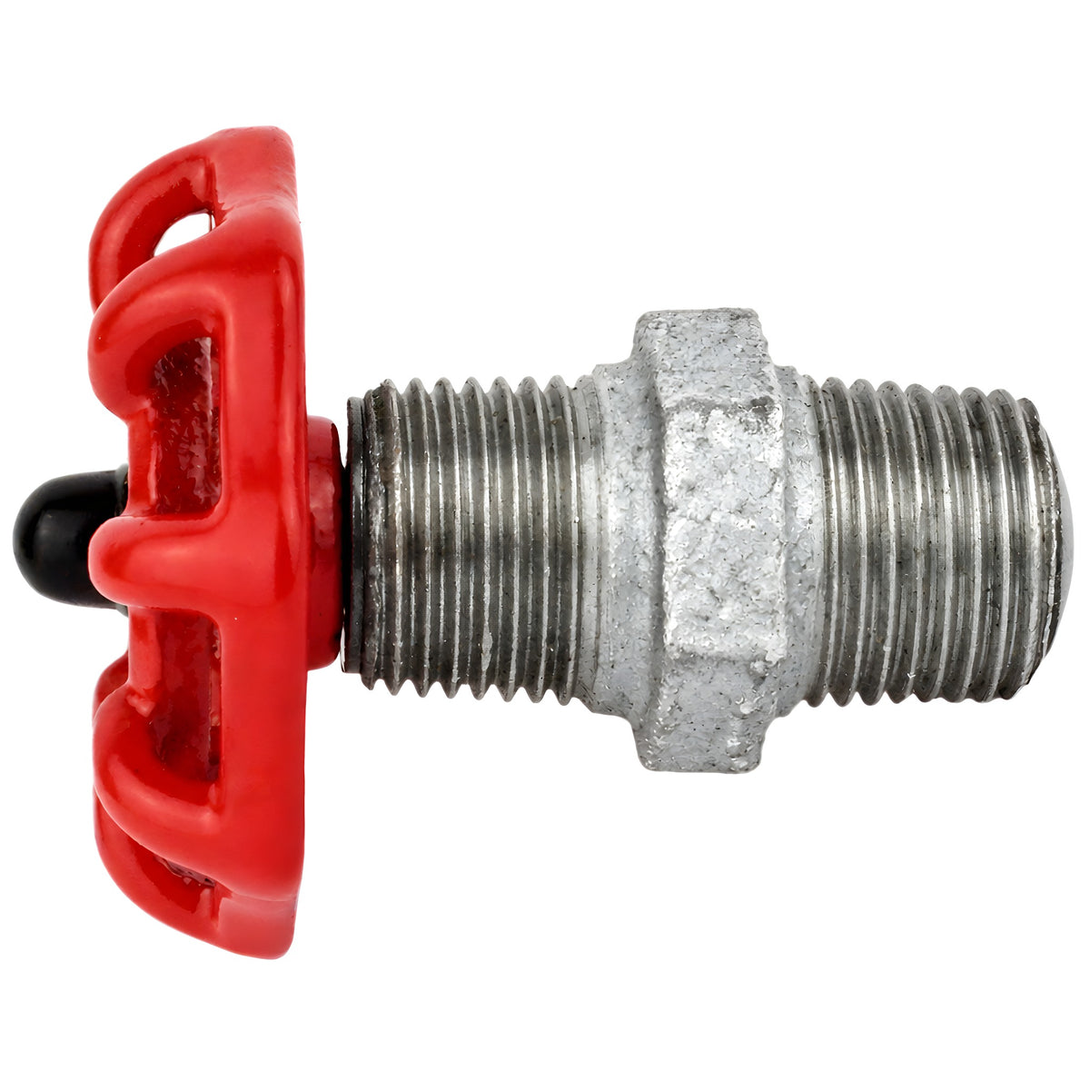 Volantino rosso da 52 mm su nipplo, 1/2'' con dado nero, raccordo in ghisa zincata