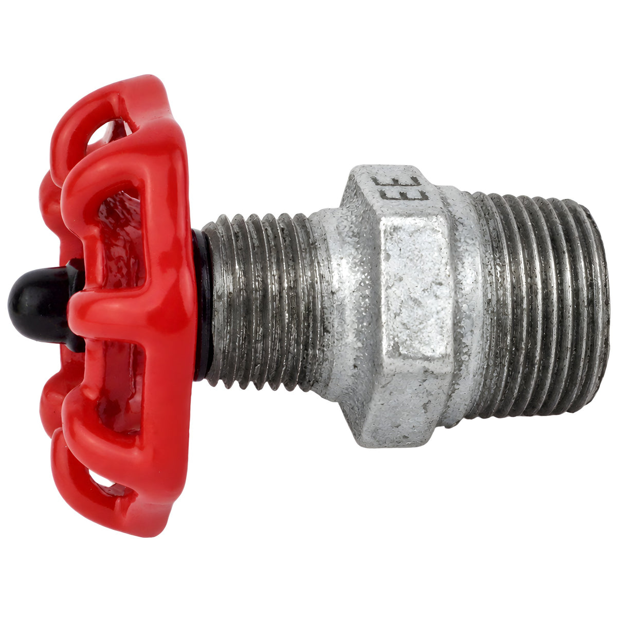 Volantino rosso da 52 mm su nipplo, dado nero, raccordo in ghisa zincata
