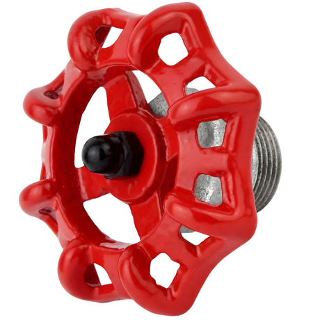 Volantino rosso da 72 mm su mezzo nipplo, 1/2'' con dado nero, raccordo in ghisa zincata