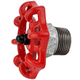 Volantino rosso da 72 mm su mezzo nipplo, dado nero, raccordo in ghisa zincata