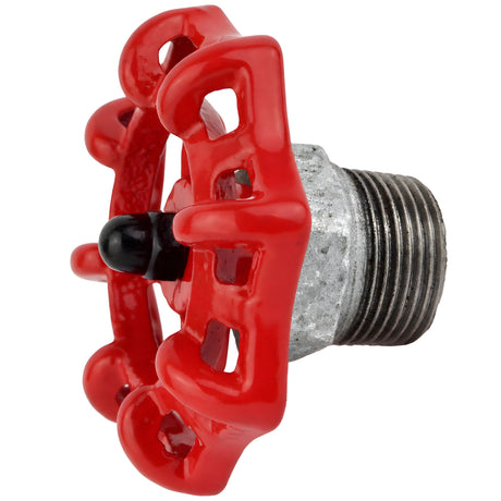 Volantino rosso da 72 mm su mezzo nipplo, dado nero, raccordo in ghisa zincata