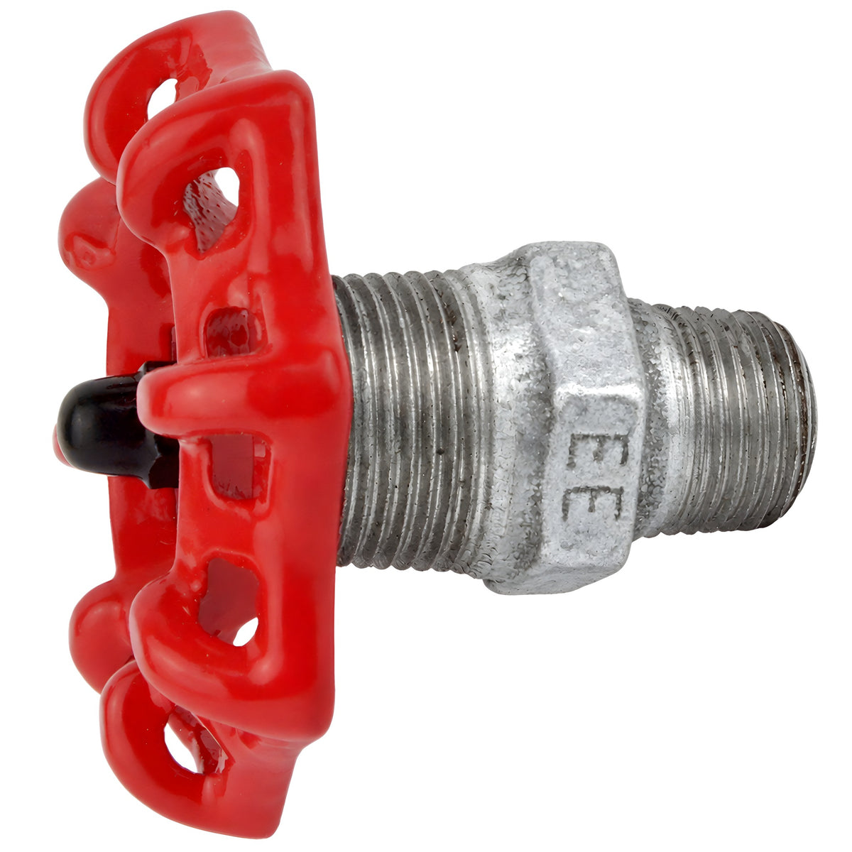 Volantino rosso da 72 mm su nipplo, 1/2'' con dado nero, raccordo in ghisa zincata
